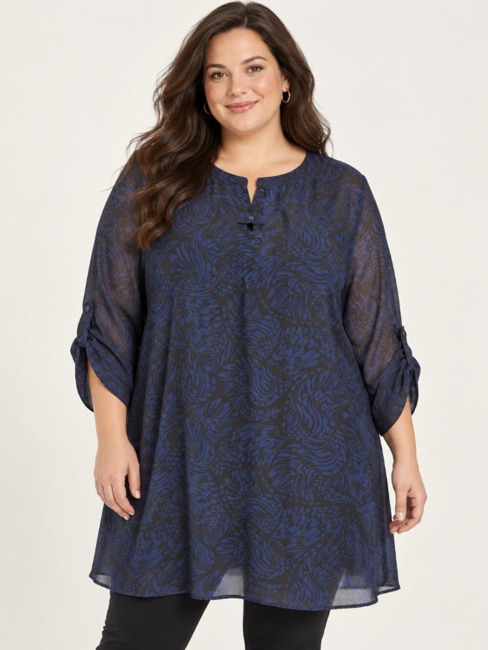 Torrid Size 2 18/20 Navy Black Abstract Print Chiffon Shift Dress Roll Tab Sleev